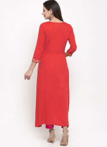 Red color Embroidered Rayon Casual Kurti