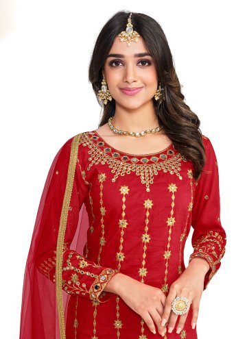 Red color Embroidered Silk Straight Salwar Suit