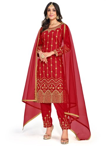 Red color Embroidered Silk Straight Salwar Suit