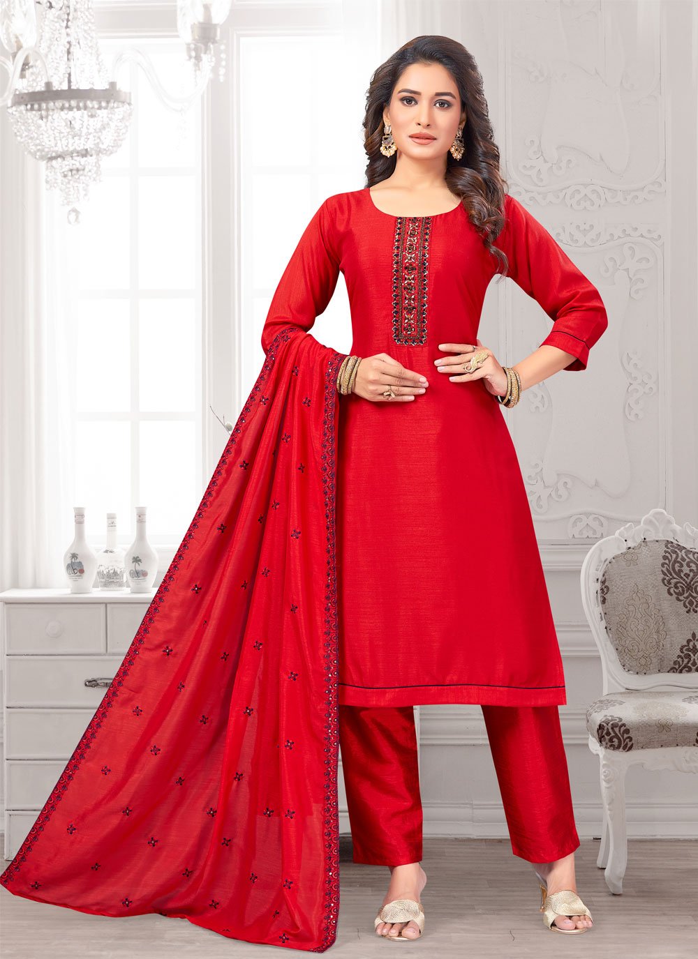 Designer Georgette With Heavy Embroidery Work Pakistani Suit Red Color R DN  528