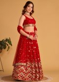 Red color Georgette A Line Lehenga Choli with Embroidered - 3
