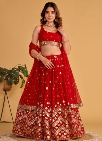 Red color Georgette A Line Lehenga Choli with Embr