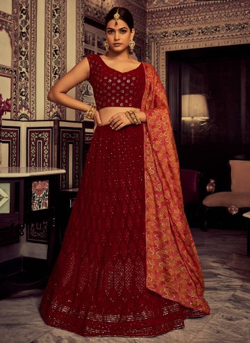 Red color Georgette A Line Lehenga Choli with Sequins Work