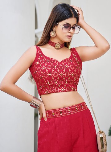 Red color Georgette Jacket Style Floor Length Suit with Embroidered
