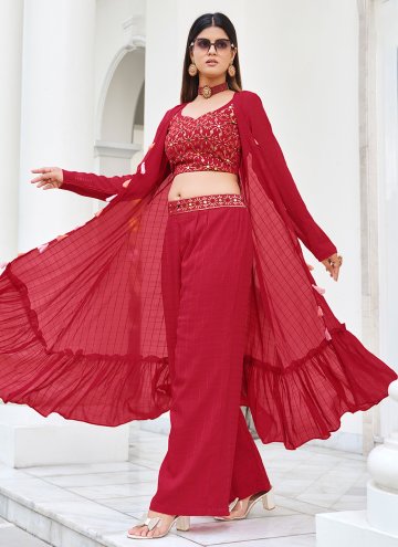 Red color Georgette Jacket Style Floor Length Suit