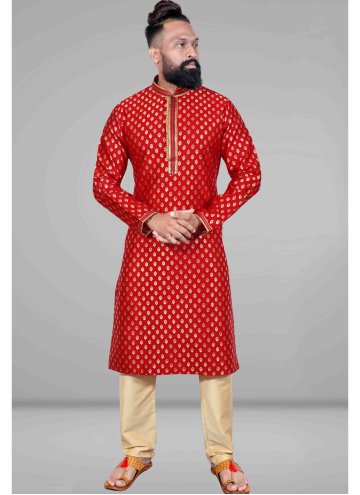 Red color Jacquard Kurta Pyjama with Embroidered