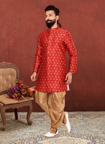 Red color Jacquard Silk Indo Western Sherwani with Jacquard Work