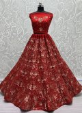 Red color Net A Line Lehenga Choli with Embroidered - 1