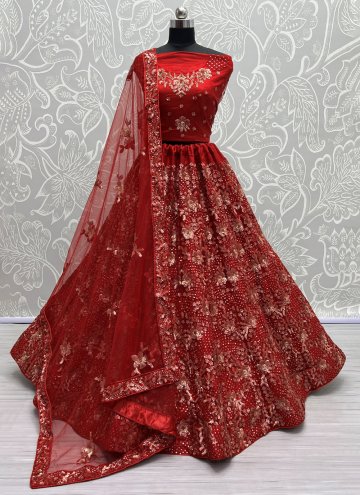 Red color Net A Line Lehenga Choli with Embroidere