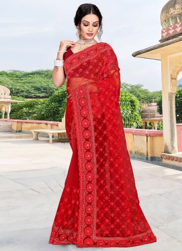 Red color Net Trendy Saree with Diamond Work