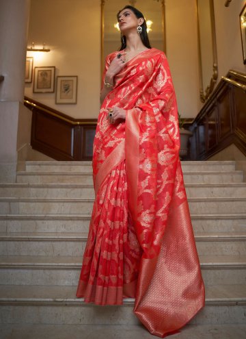 Red color Organza Classic Designer Saree with Woven