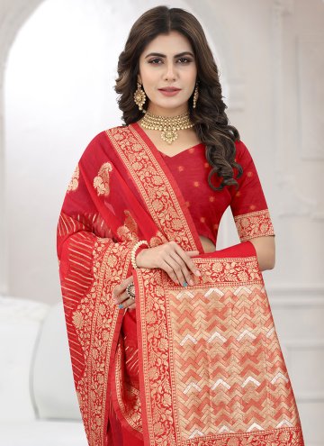 Red color Organza Designer Saree with Booti Work