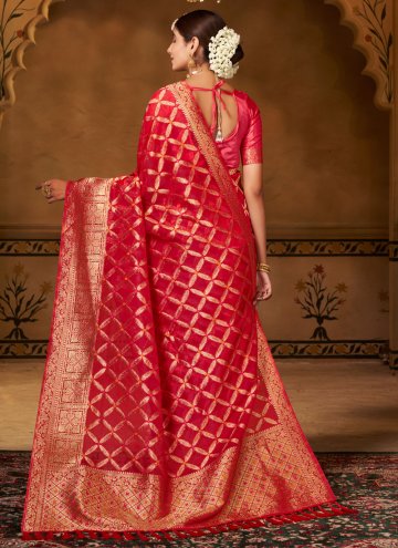 Red color Organza Designer Saree with Woven