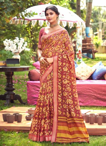 Red color Printed Linen Casual Saree