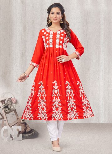 Red color Rayon Casual Kurti with Embroidered