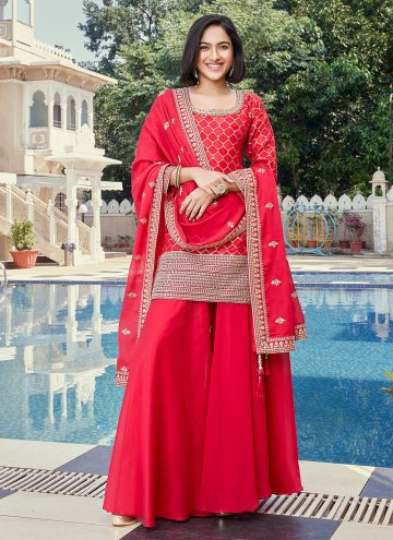 Red color Silk Designer Salwar Kameez with Embroid