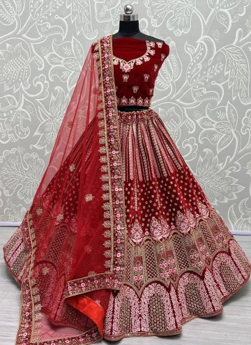 Red color Velvet A Line Lehenga Choli with Diamond Work