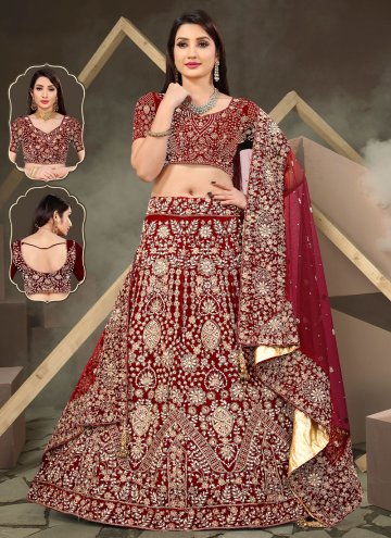 Red color Velvet A Line Lehenga Choli with Embroidered