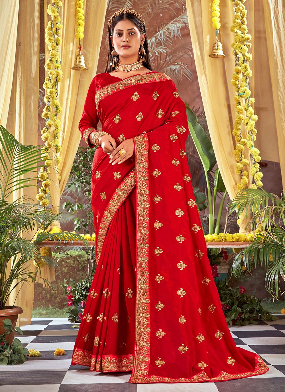 Red color Vichitra Silk Classic Designer Saree with Embroidered
