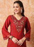 Red color Viscose Pant Style Suit with Embroidered - 1