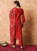 Red color Viscose Pant Style Suit with Embroidered - 2