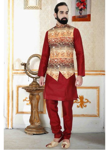 Red color Woven Polly Cotton Kurta Payjama With Jacket