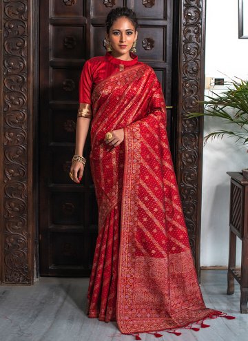 Red color Woven Tussar Silk Trendy Saree