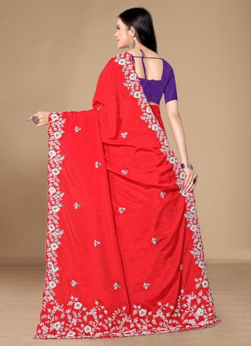 Red Contemporary Saree in Chinon with Embroidered
