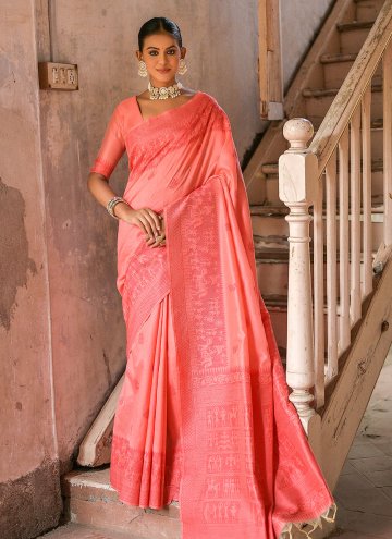 Red Contemporary Saree in Handloom Silk with Woven