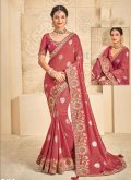 Red Contemporary Saree in Khadi with Embroidered - 3