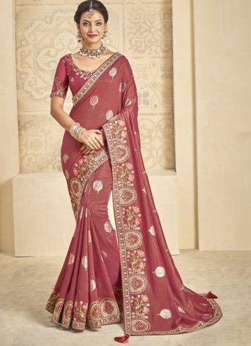 Red Contemporary Saree in Khadi with Embroidered
