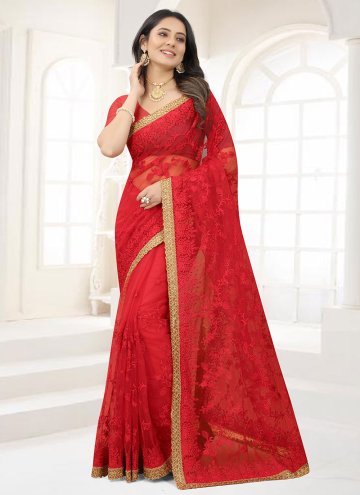 Red Contemporary Saree in Net with Embroidered