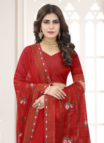Red Contemporary Saree in Shimmer with Embroidered