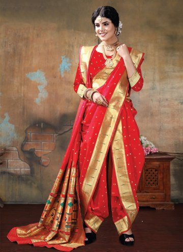 Red Contemporary Saree in Silk with Border
