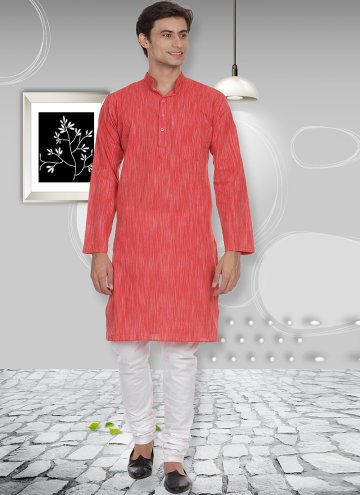 Red Cotton  Plain Work Kurta Pyjama for Casual