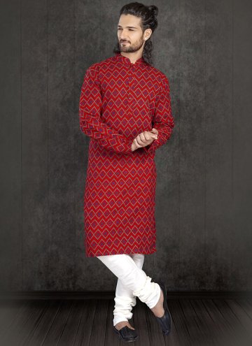 Red Cotton  Printed Kurta Pyjama for Ceremonial