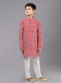 Red Cotton Silk Embroidered Kurta Pyjama for Engagement - 2