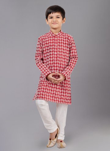 Red Cotton Silk Embroidered Kurta Pyjama for Engag
