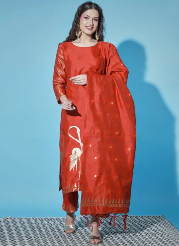 Red Cotton Silk Jacquard Work Salwar Suit for Fest