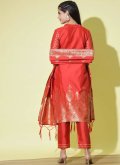 Red Cotton Silk Woven Pant Style Suit - 1