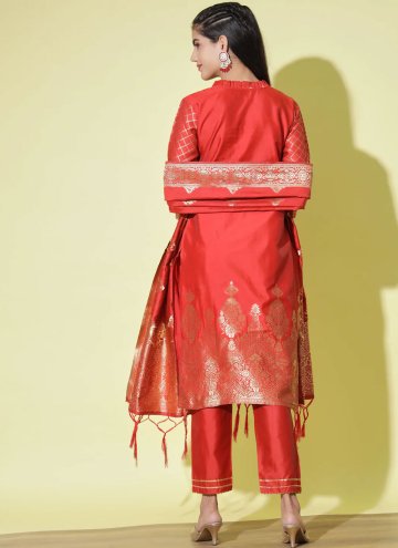 Red Cotton Silk Woven Pant Style Suit
