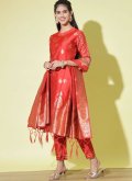 Red Cotton Silk Woven Pant Style Suit - 2