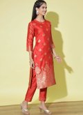 Red Cotton Silk Woven Pant Style Suit - 3