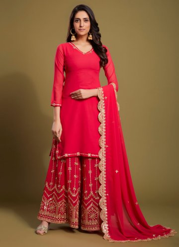Red Designer Palazzo Salwar Suit in Georgette with Sequins Work