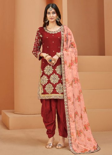 Red Designer Salwar Kameez in Art Silk with Embroi