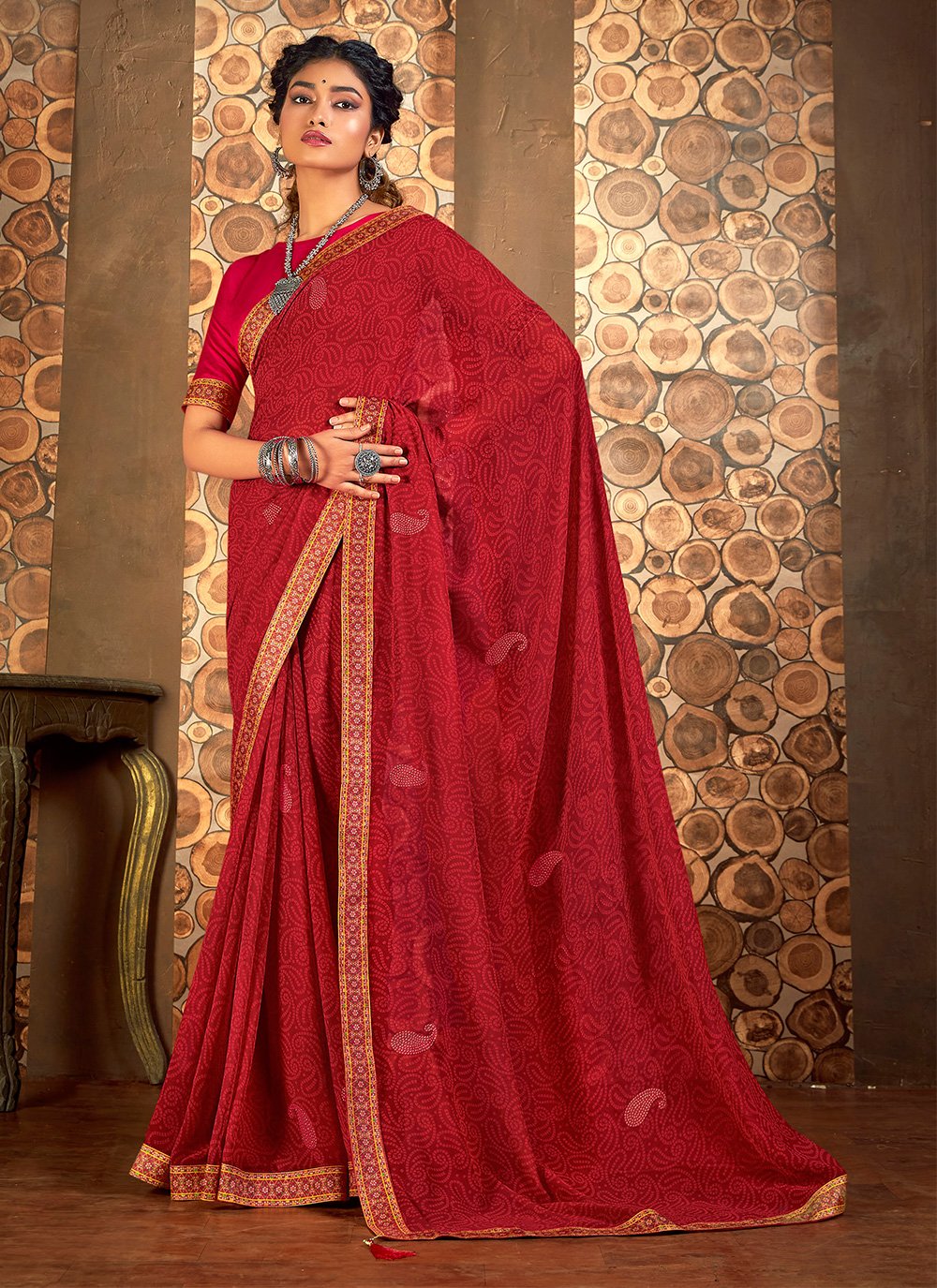 Red Designer Saree in Faux Georgette with Print