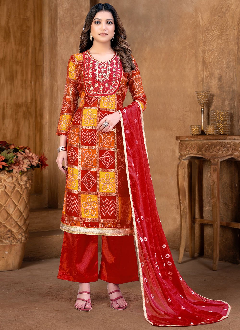 Red Color Peplum Sharara Suit with Cotton Bottom and Chiffon Dupatta