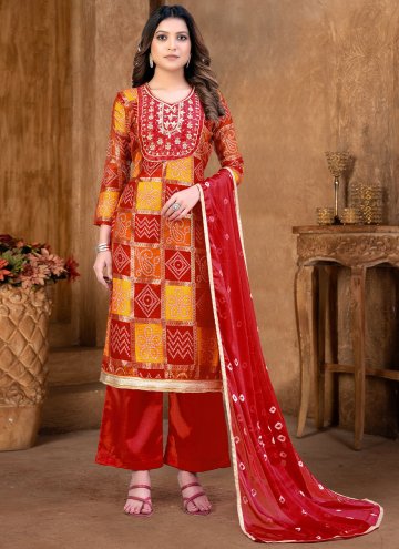 Red Fancy Fabric Hand Work Salwar Suit for Casual