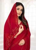 Red Faux Chiffon Stone Work Trendy Saree for Festival - 1