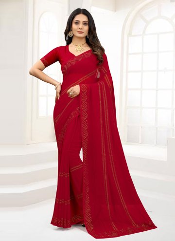 Red Faux Chiffon Stone Work Trendy Saree for Festival